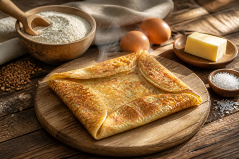 Galette doree et fumante sur bois rustique