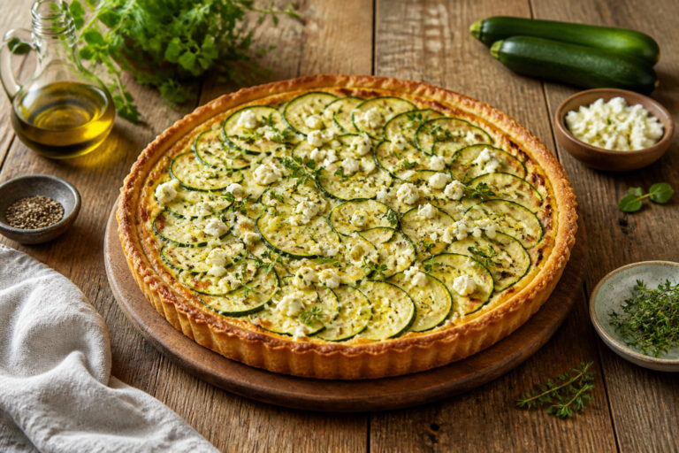 Tarte courgette feta fraichement cuite