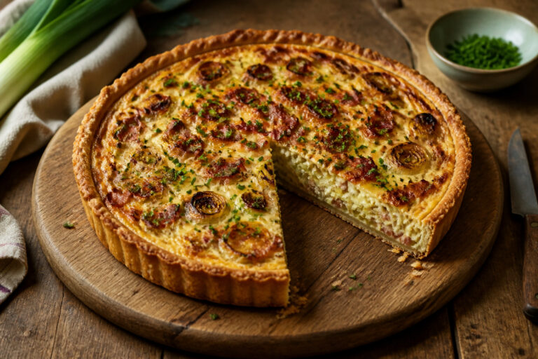 Tarte aux poireaux et lardons doree