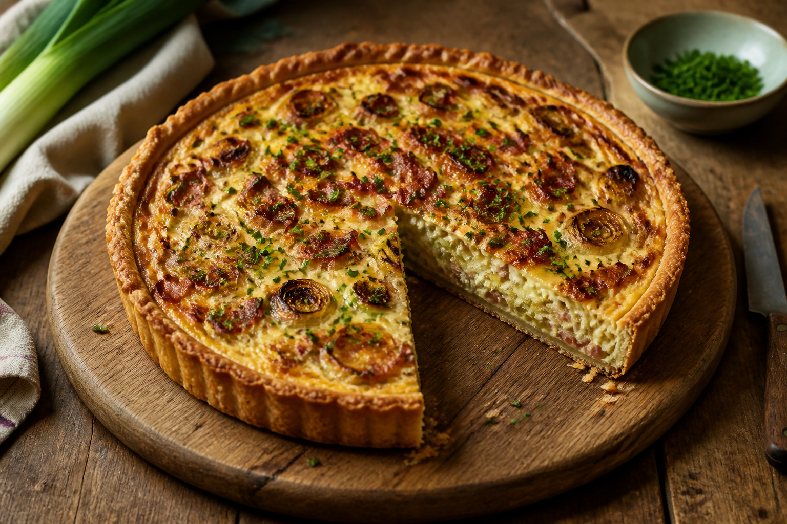Tarte aux poireaux et lardons doree