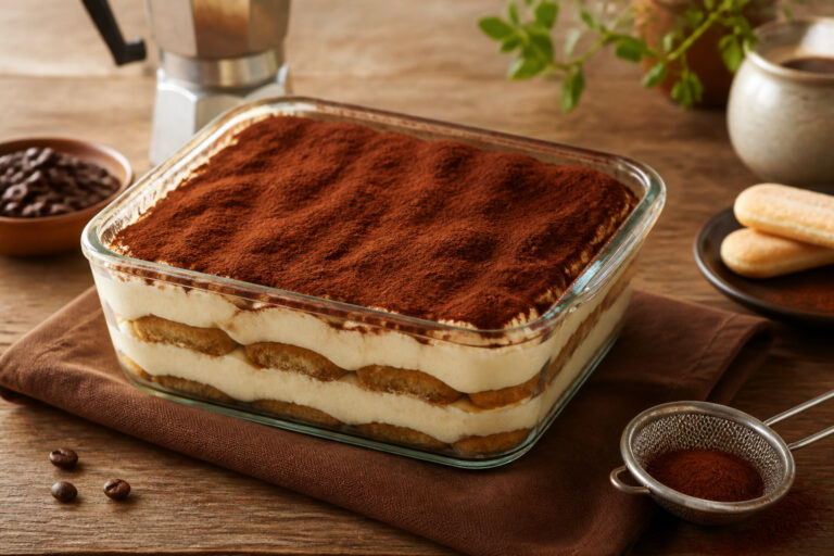 Tiramisu maison dans un plat en verre