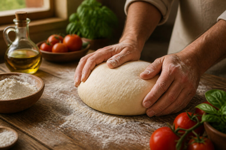 Mains preparant une pate a pizza