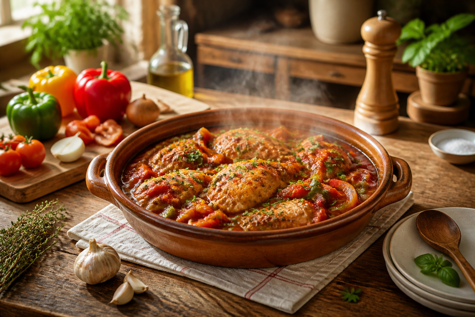 Poulet basquaise fumant dans un plat rustique