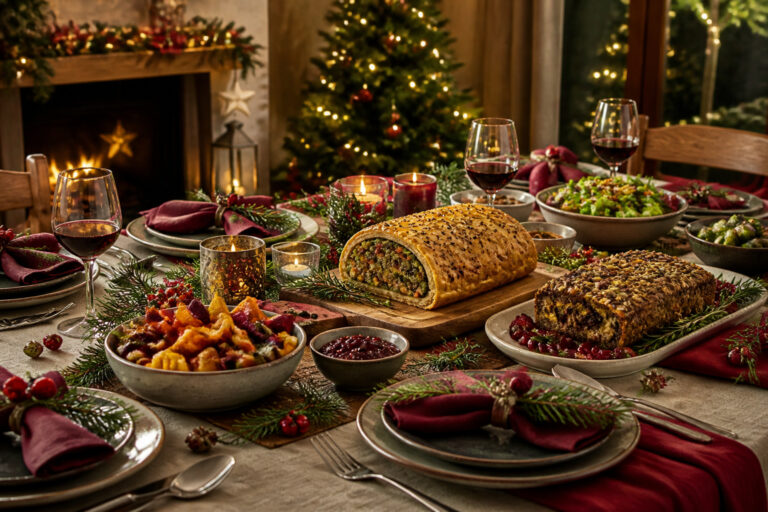 Festin vegetarien de noel sur table elegante