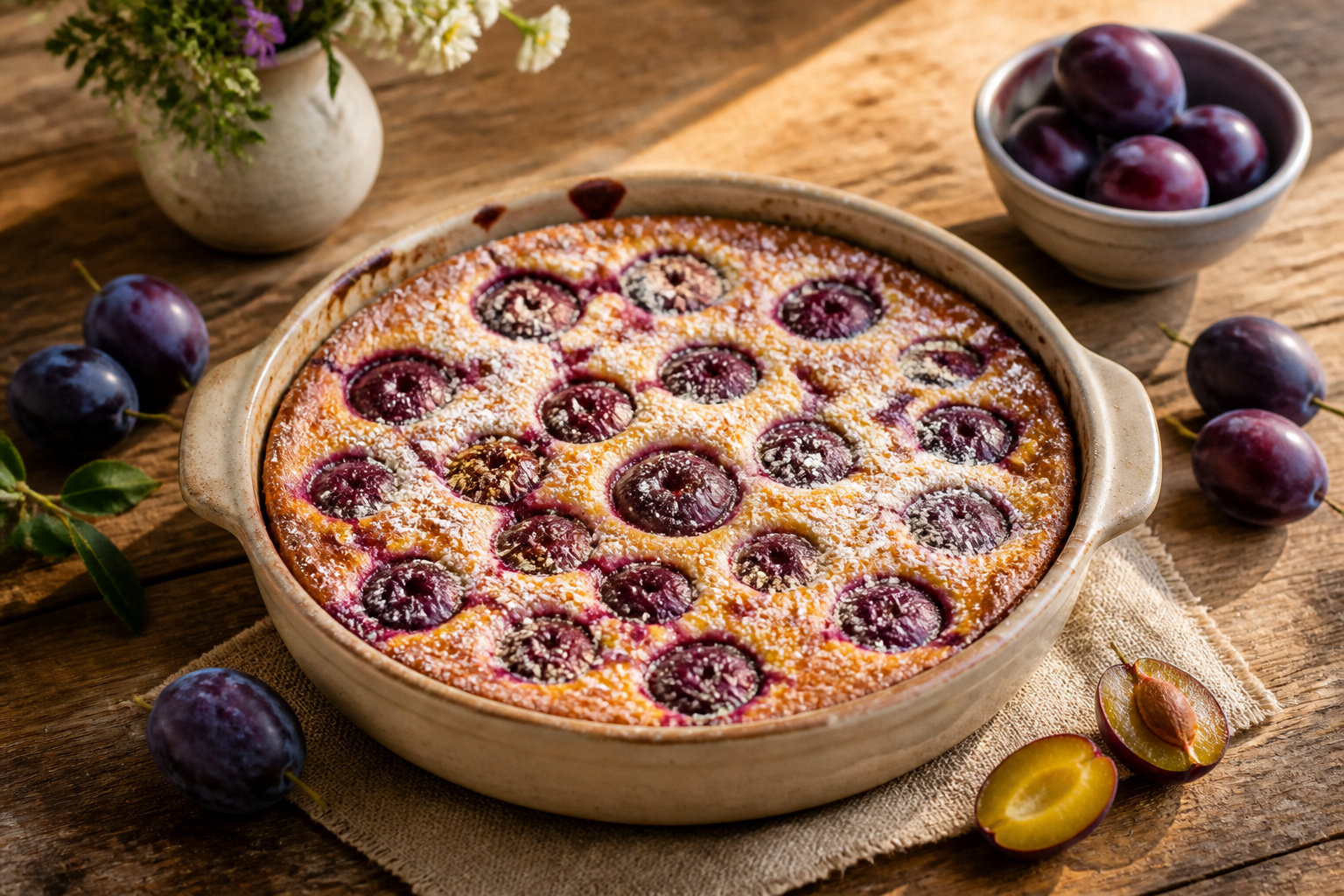 Clafoutis aux prunes fraichement cuit