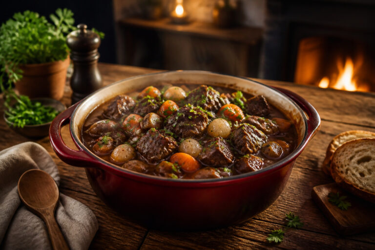 Boeuf bourguignon fumant dans un plat en ceramique