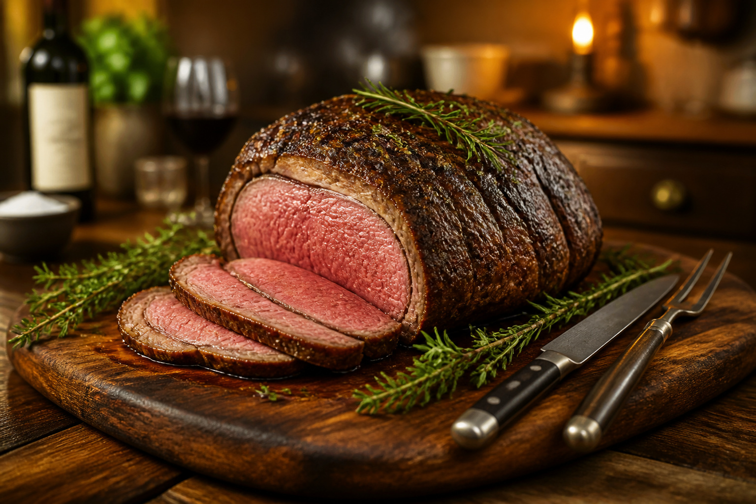 Roti de boeuf parfait sur planche en bois