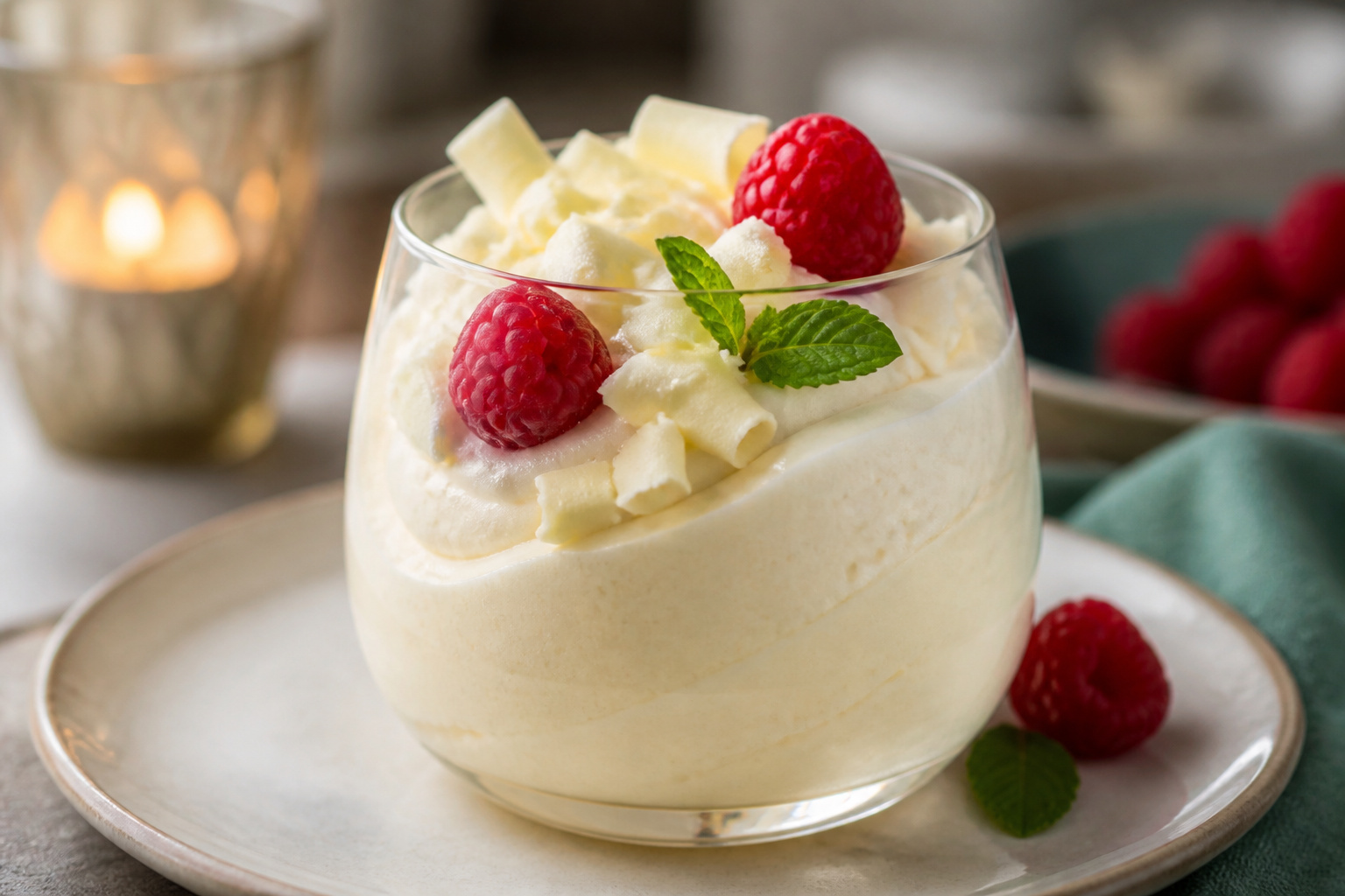 Mousse au chocolat blanc et framboises